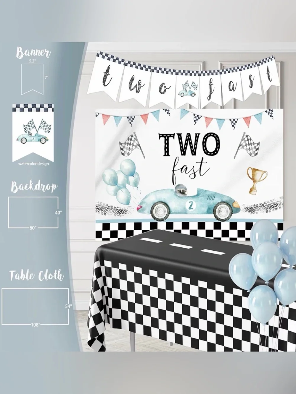 Two Fast Aqua Blue Racing Party Balloon Kit Decorations 2nd Birthday